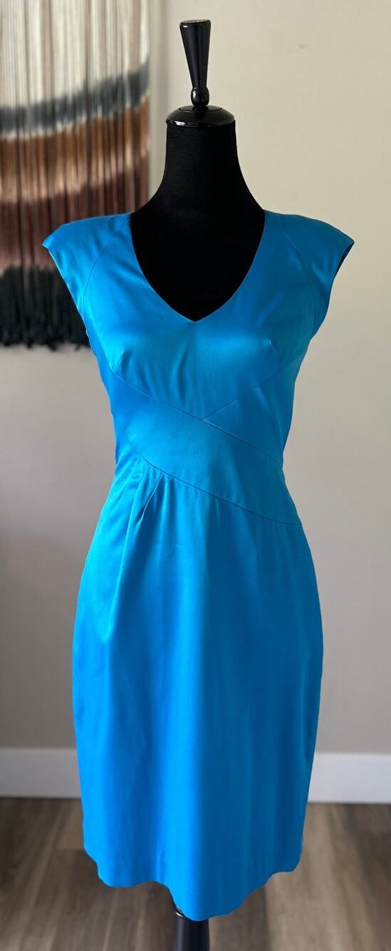 BLACK HALO Turquoise V Neck Sheath Sheer Back Dress Size 4